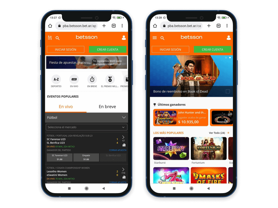 Interfaz de la app Betsson