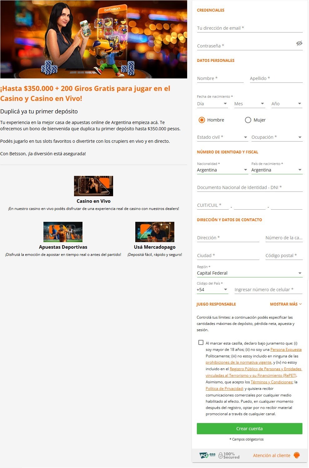 abrir una cuenta en Betsson
Complet&aacute; tus datos