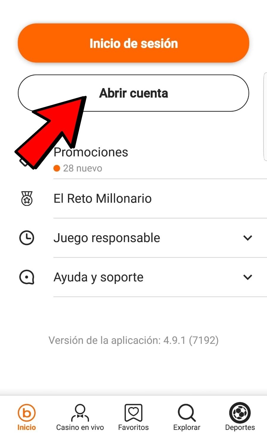Registro desde la App
Abr&iacute; la app y toc&aacute; el bot&oacute;n &ldquo;Abrir cuenta"
