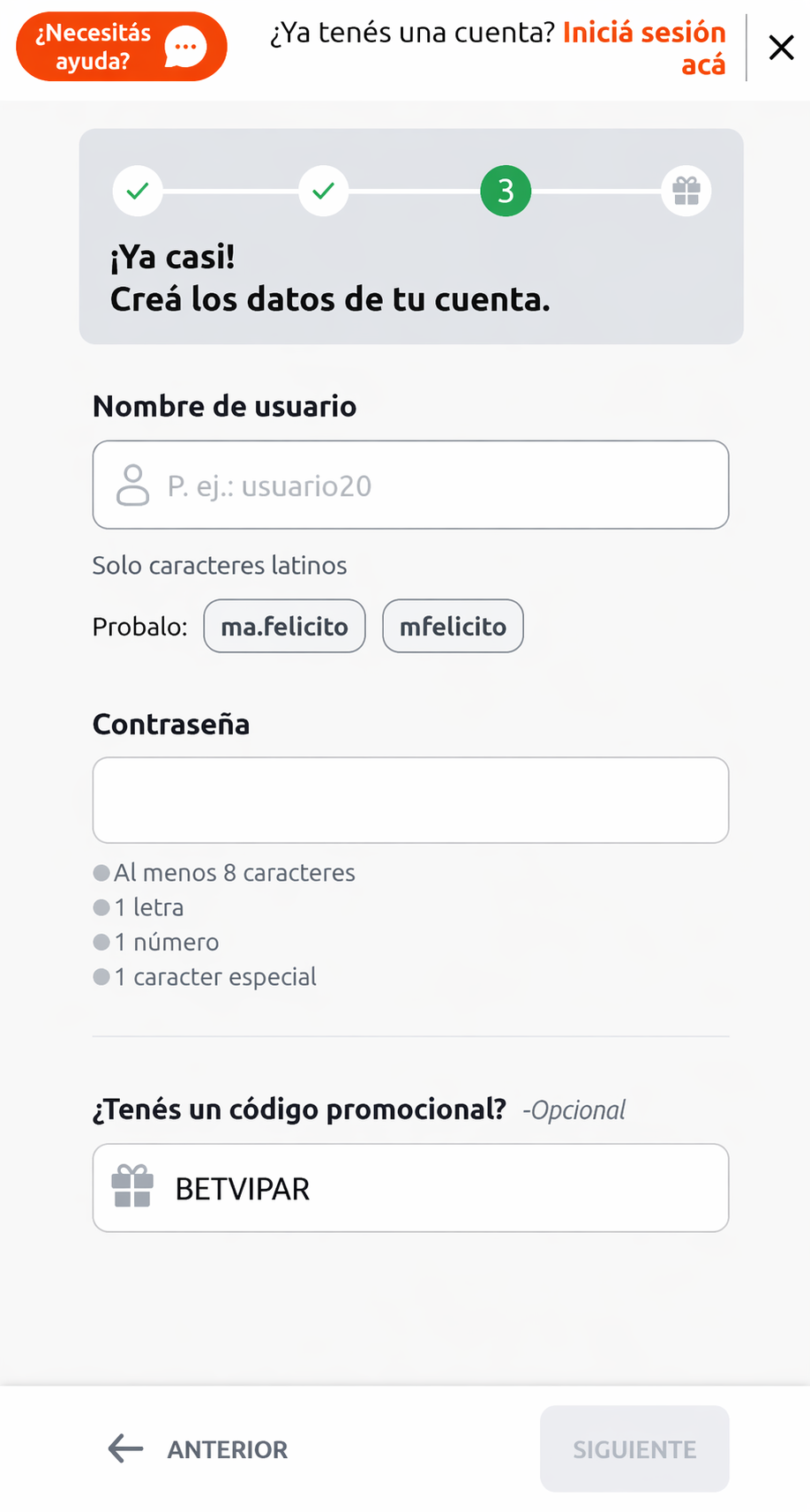 Formulario de Registro en Betano