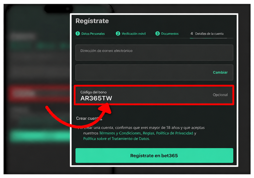 Formulario de registro con código en bet365