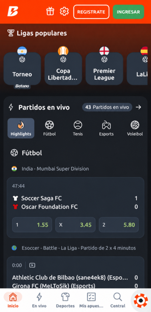 Interfaz de Betano app, pantalla principal