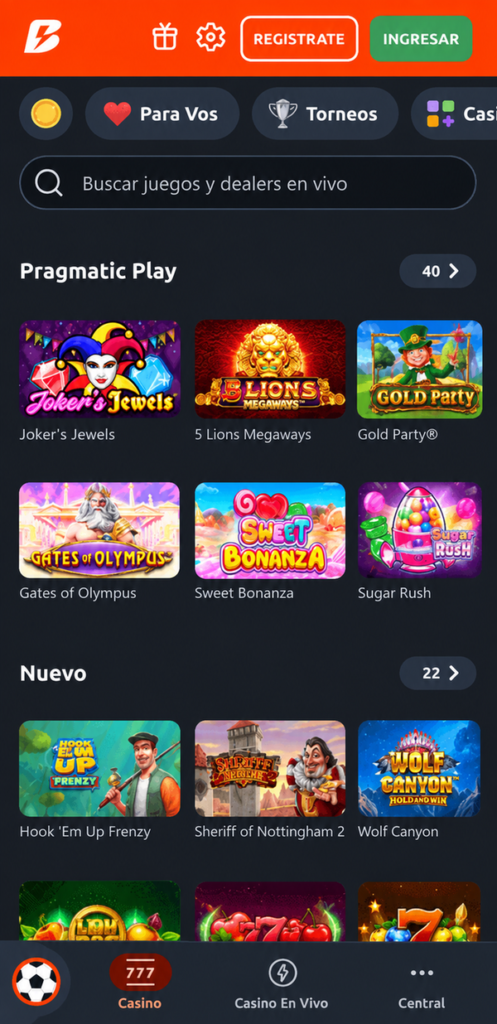 Betano Casino homepage desde la app