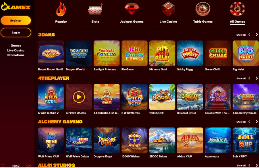 Flamez Games Overview - With Filters & Sections