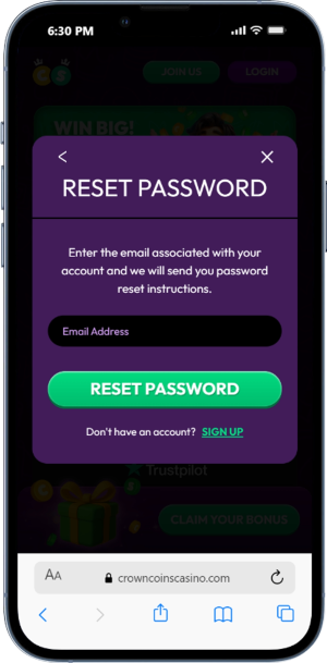 Crown Coins Casino reset password