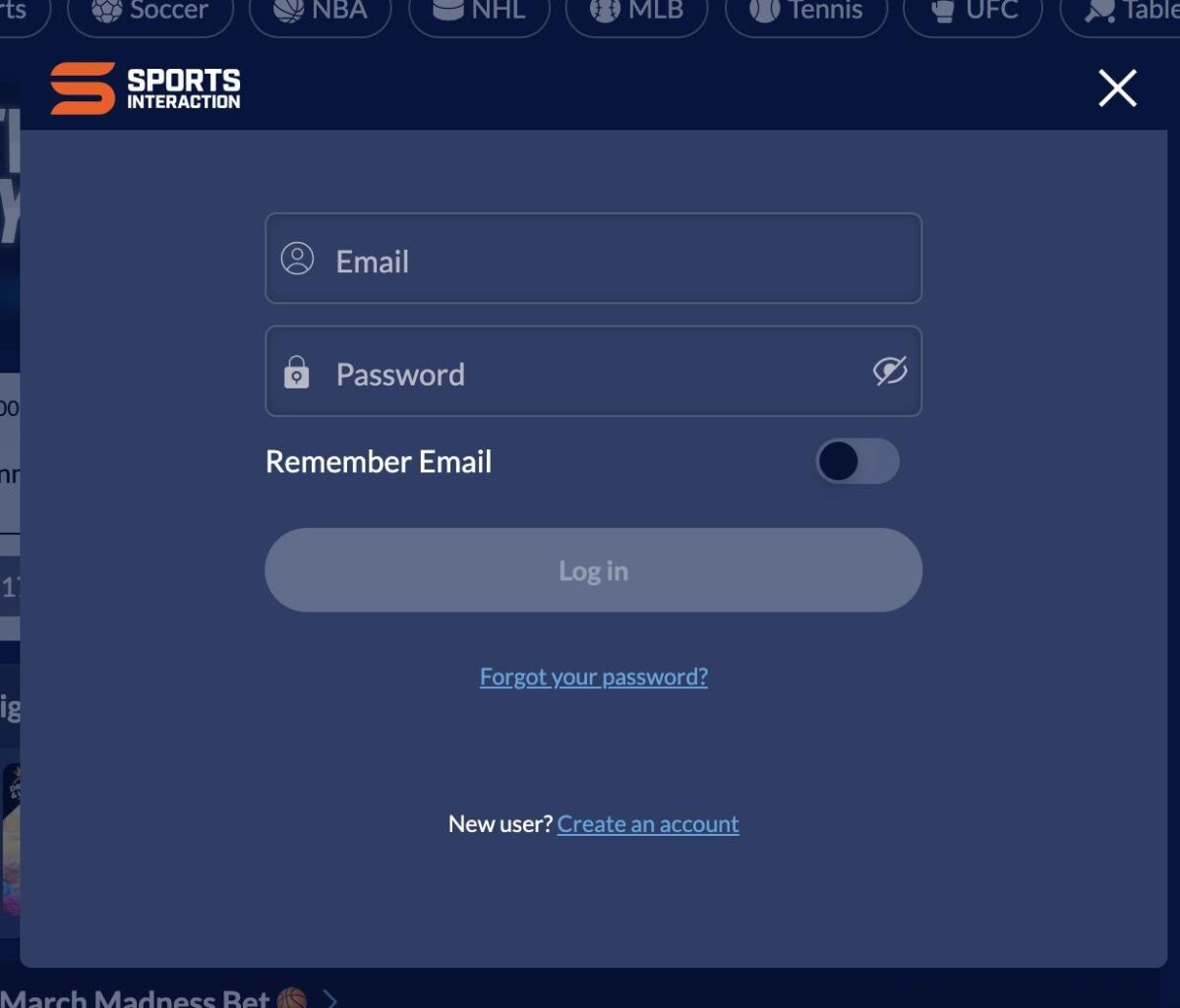 SIA login form showing email and password fields with Remember Email toggle Sports Interaction Login