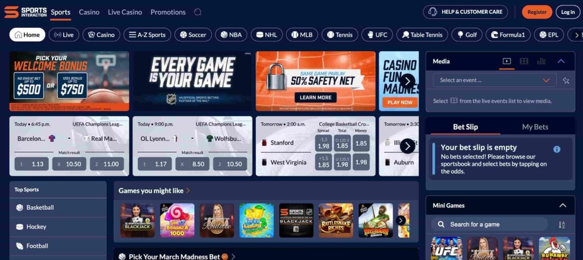 Sports Interaction mobile app promotions screen showing Welcome Bonus, Deposit Match, and Parlay Boost offers Sports Interaction Login