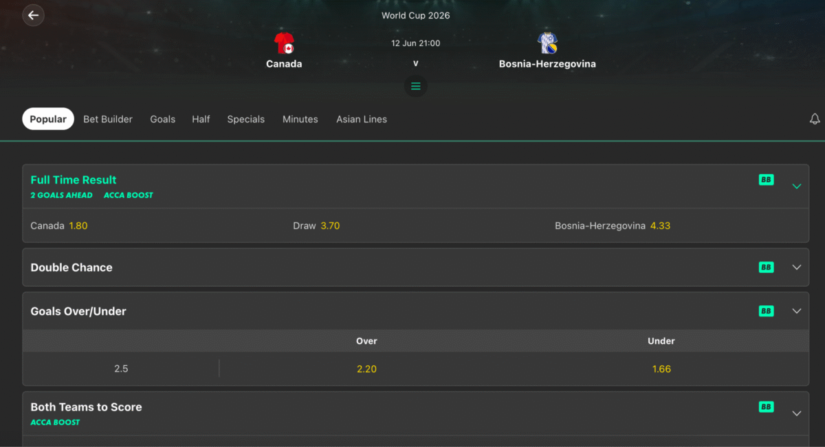 bet365 World Cup Betting Features