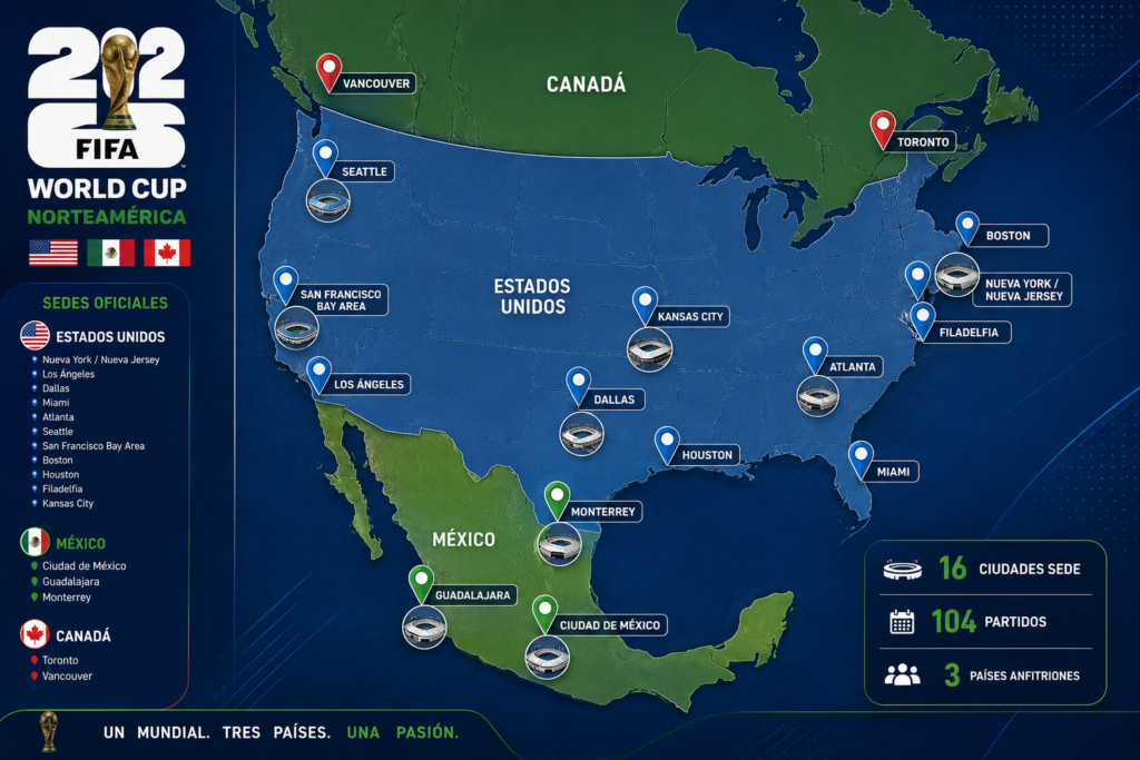 Alt text: Mapa oficial de sedes del Mundial 2026
