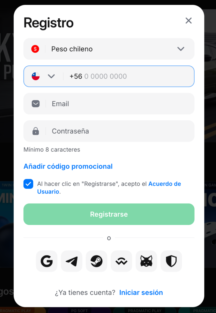 registrarse en 1win Chile