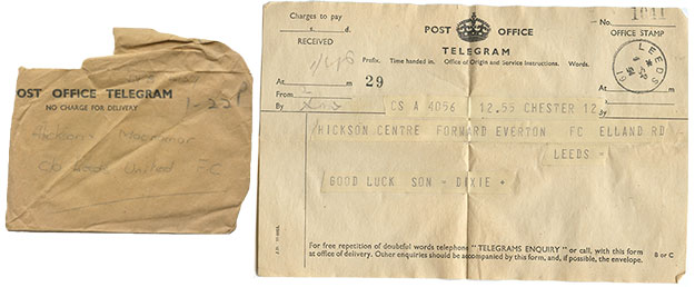 Dave Hickson debut telegram from Dixie Dean