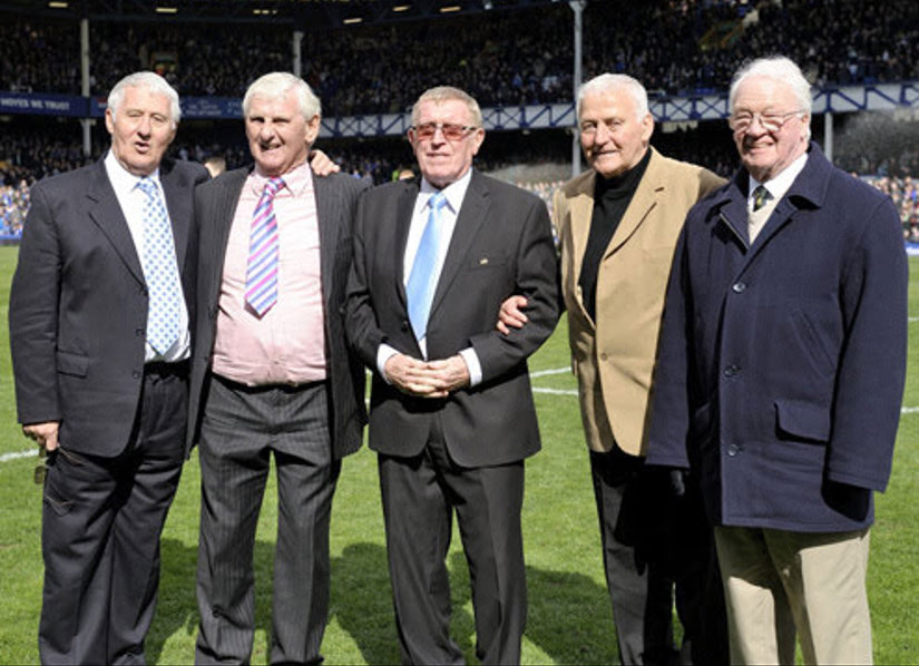 Mick Meagan with his 1963 colleagues at Goodison Park in 2013