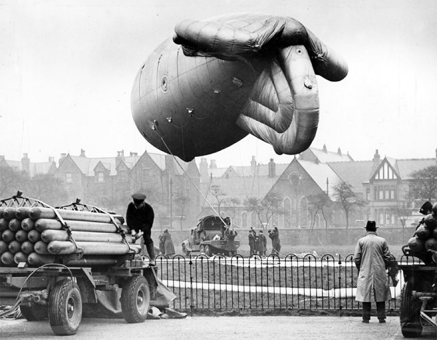 An anti-aircraft balloon being readied in a Liverpool park