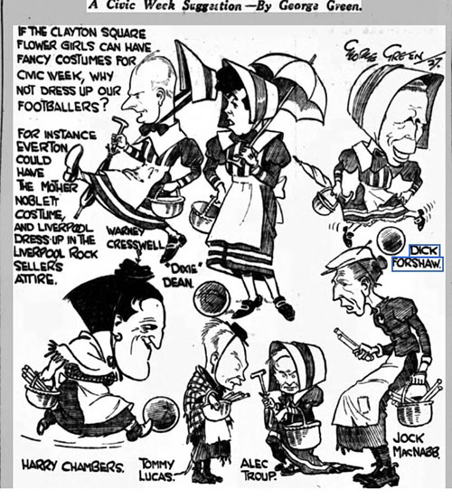 George Green cartoon featuring Dick Forshaw, Liverpool Echo, 1927