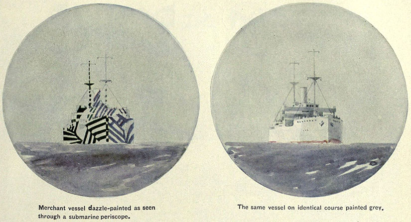 An illustration of  the effect of dazzle camouflage from Encyclopaedia Britannica 1922 (public domain)