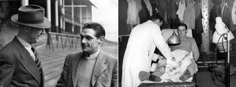 Eddie Wainwright with Ted Sagar; on the treatment table at Goodison Park