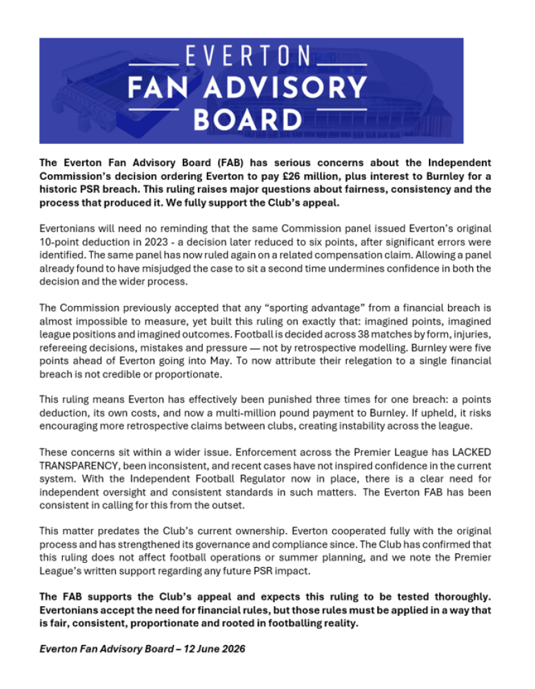 Everton&rsquo;s Fan Advisory Board issue statement on Burnley case