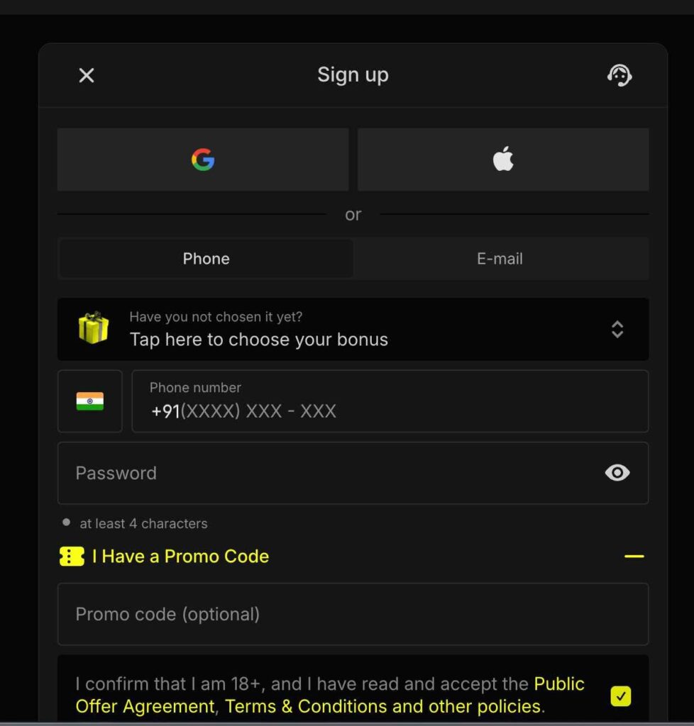 Parimatch Registration