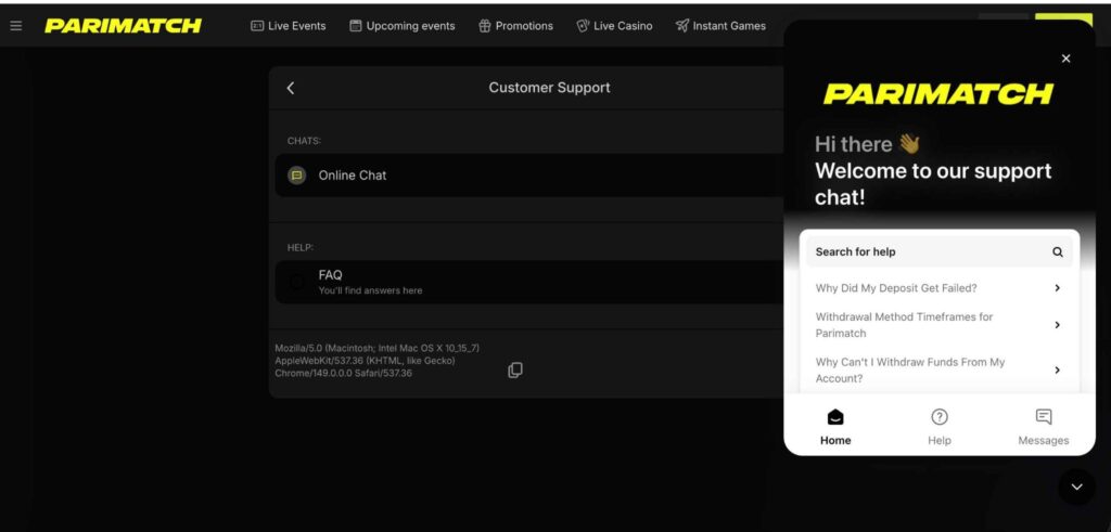 Customer Service Details of Parimatch