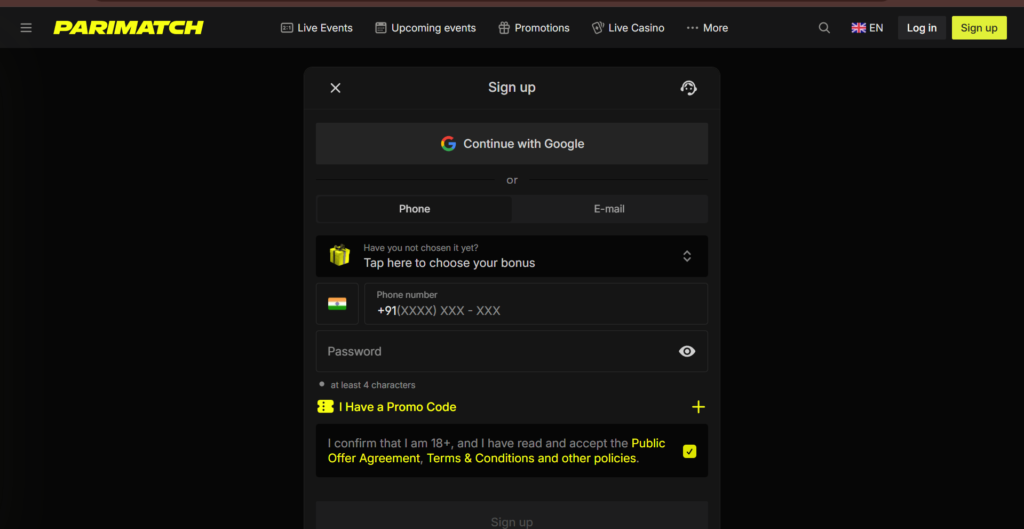 Parimatch Registration