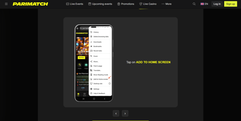 download/access the Parimatch PWA App
