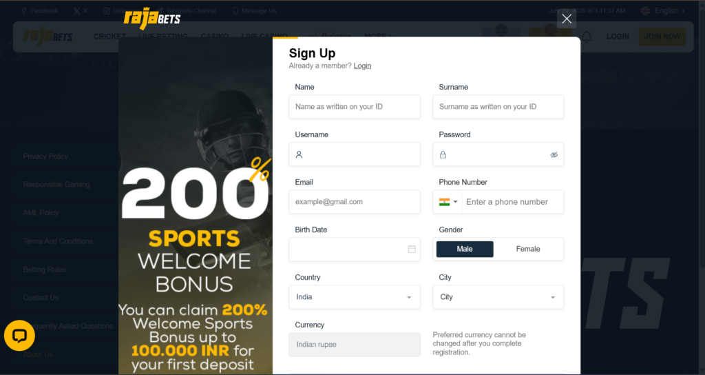 Rajabets Registration