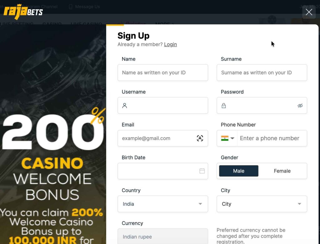 Rajabets Registration