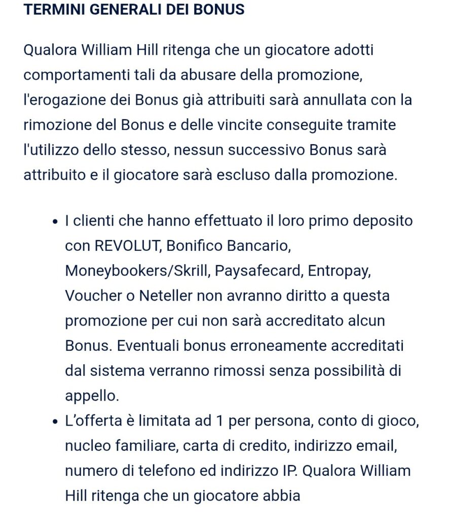 William Hill bonus benvenuto Sport - metodi di pagamento