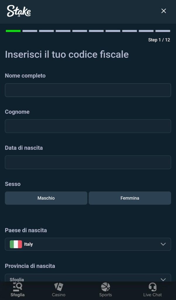 Registrazione classica su Stake