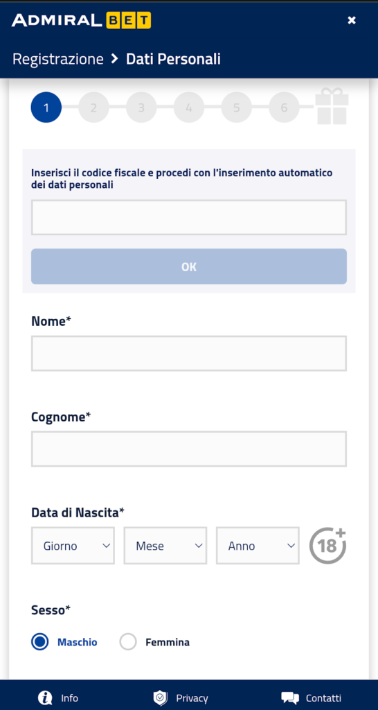Registrazione classica su Admiralbet