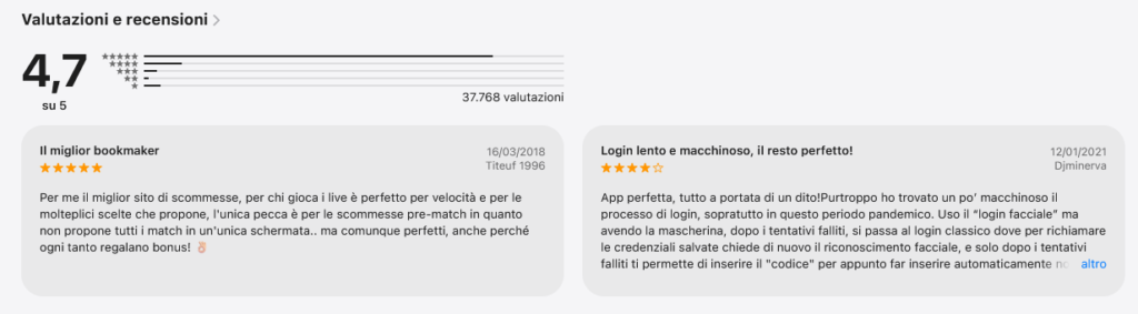 Recensioni Trustpilot / Apple Store / Android