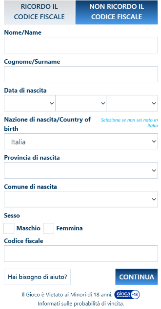 Registrazione su Betflag
Nome, cognome e codice fiscale