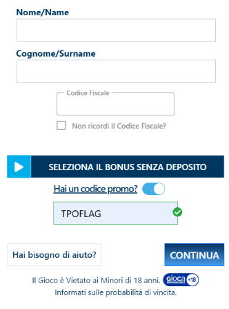 Registrazione su Betflag
inserire il codice promozionale