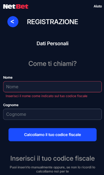Registrazione a NetBet
Dati personali