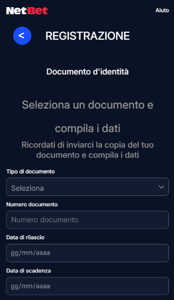 Registrazione a NetBet
documento d'identit&aacute;