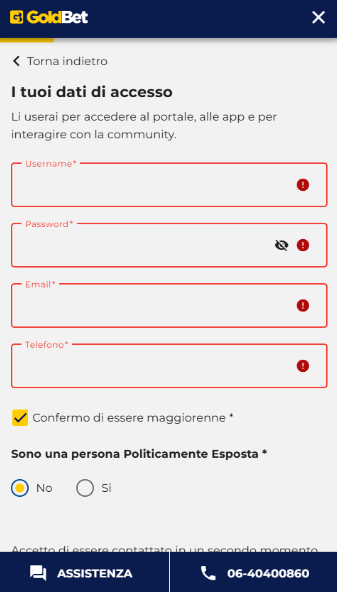 Registrazione a GoldBet
accesso