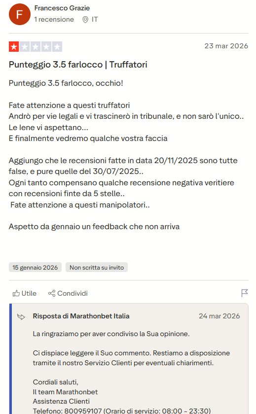 Recensioni Marathonbet su Trustpilot