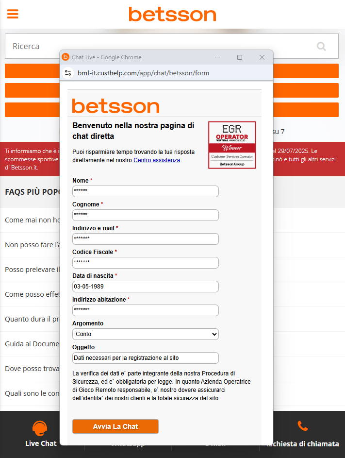Registrazione classica su Betsson