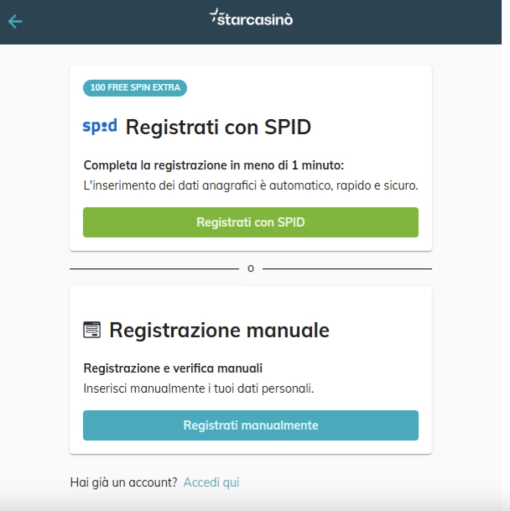 Registrazione a Starcasin&ograve;