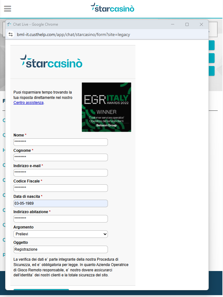 Registrazione a Starcasin&ograve;