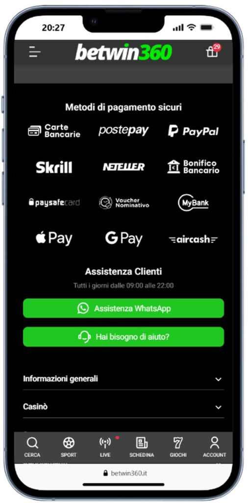 betwin360 Metodi di pagamento