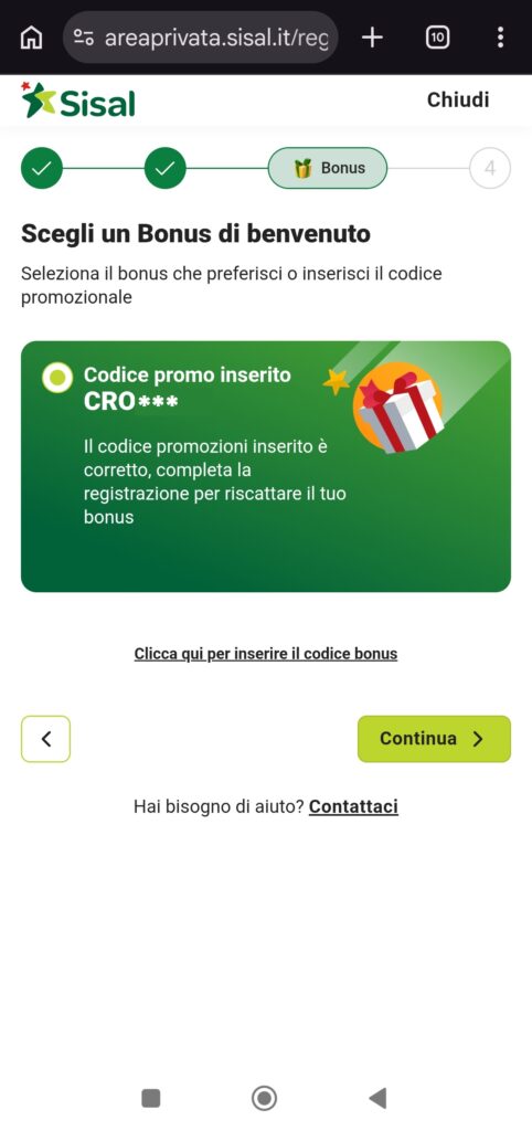 Codice promozione sisal - processo registrazione
