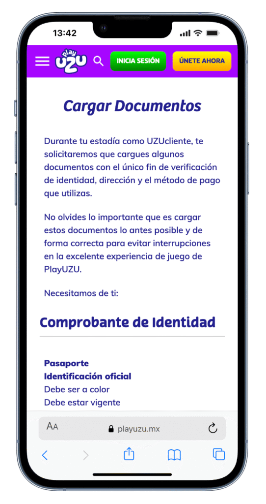 playUZU verificación de identidad