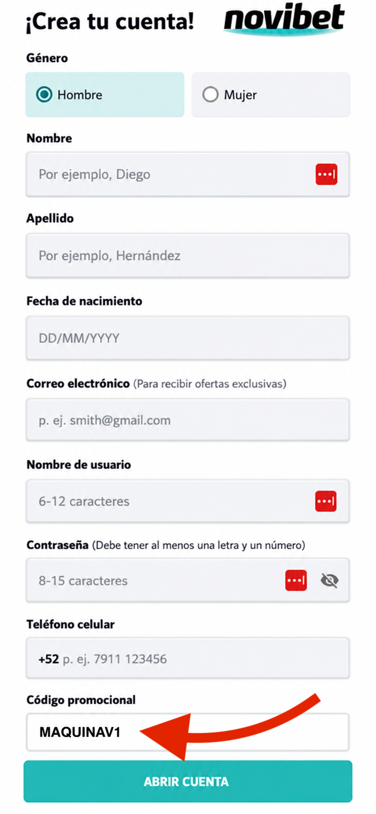 Novibet Registro paso 2 con código promocional MAQUINAV1
