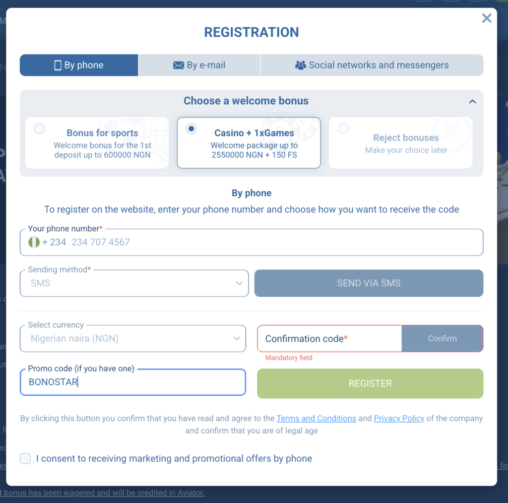 1xbet registration form + bonostar code
