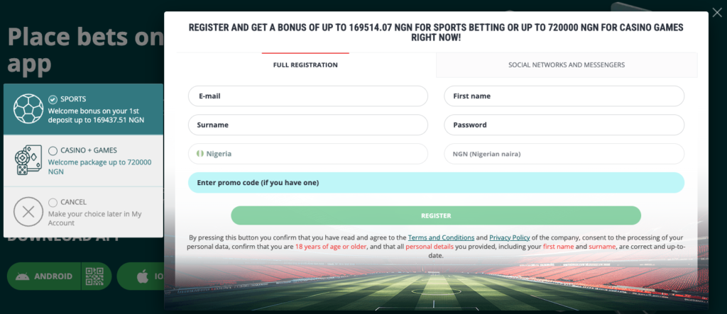 22bet registration form