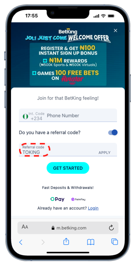 betking registration form + code tofking