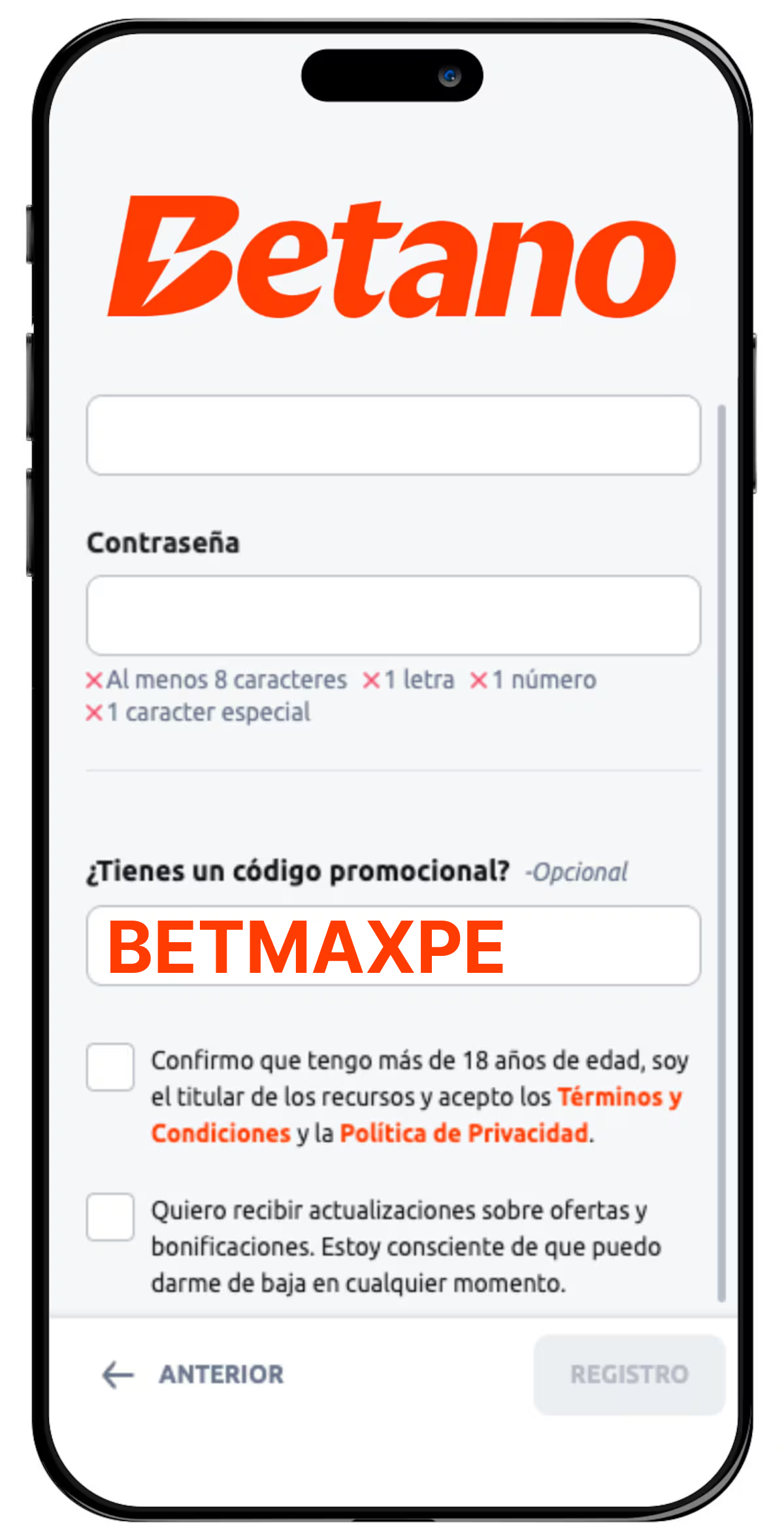 Registro en Betano paso 3: ingresar el código promocional BETMAXPE