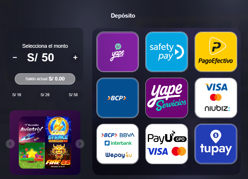 Métodos de pago disponibles para activar el código promocional Doradobet