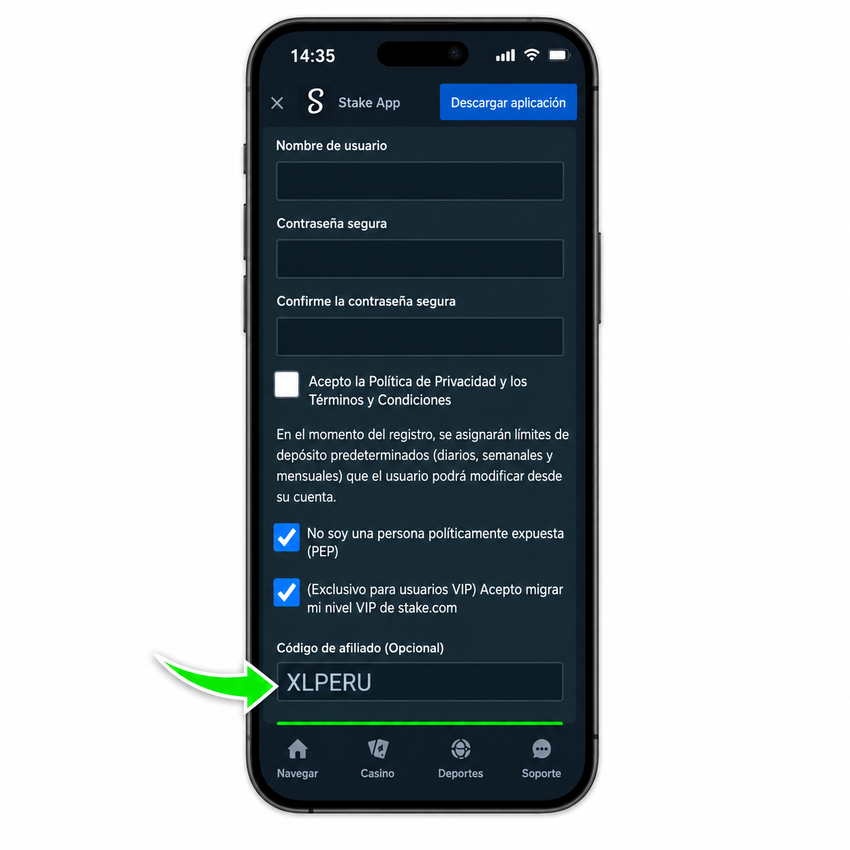 Captura de la app de Stake ingresando el código promocional